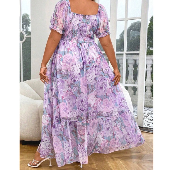 Plus Floral Print Smocked Bodice Puff Sleeve Ruffle Hem Dress - Picture 2 of 6